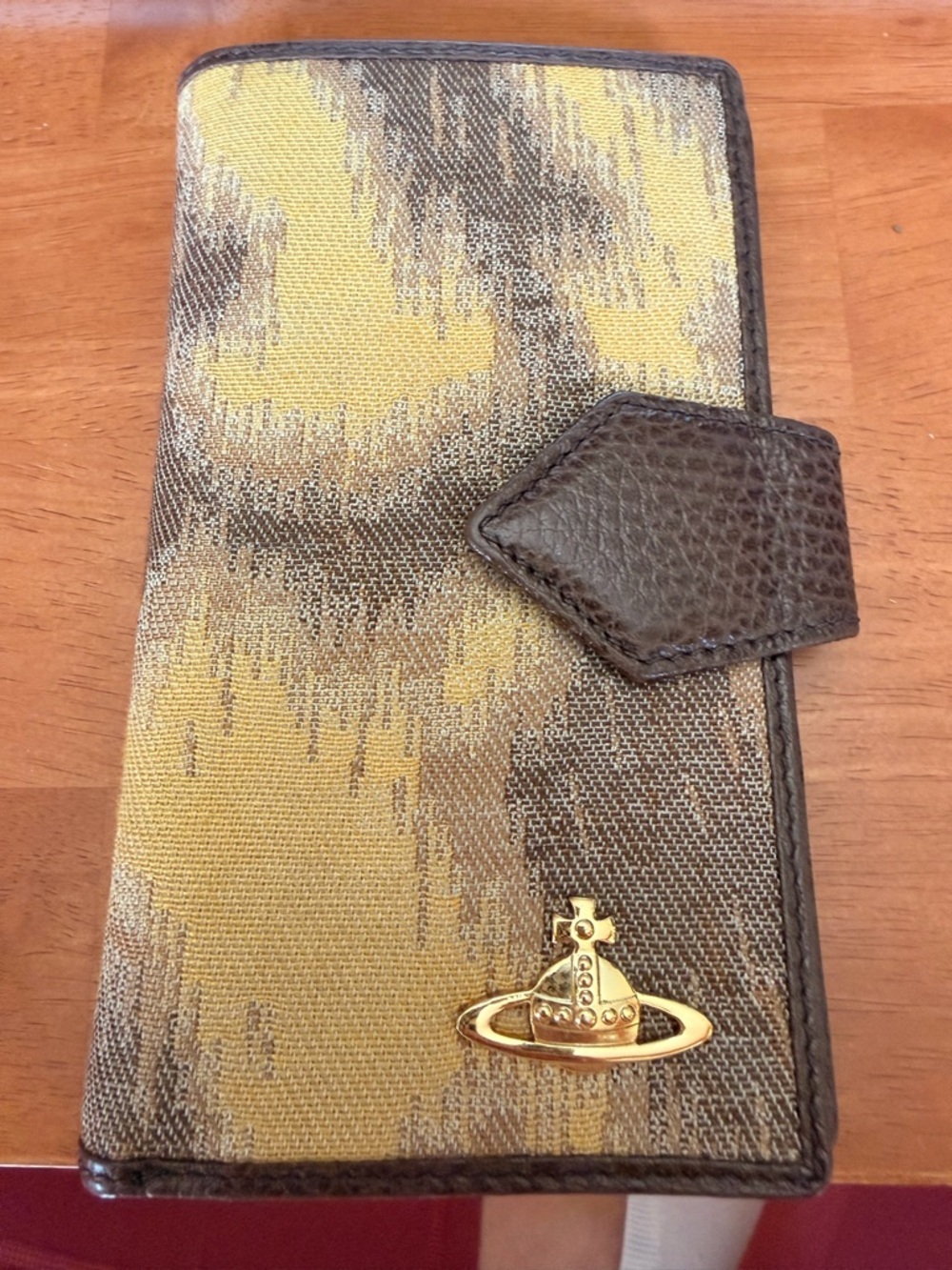 Vivienne Westwood Yellow and Brown Textured Wallet With Gold Orb